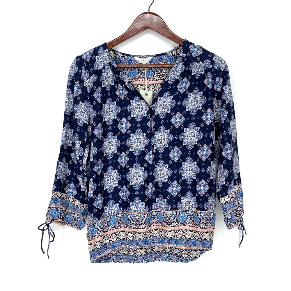 Lucky Brand Blue & Pink Boho Geometric Floral Button Down Peasant Top Blouse Nwt